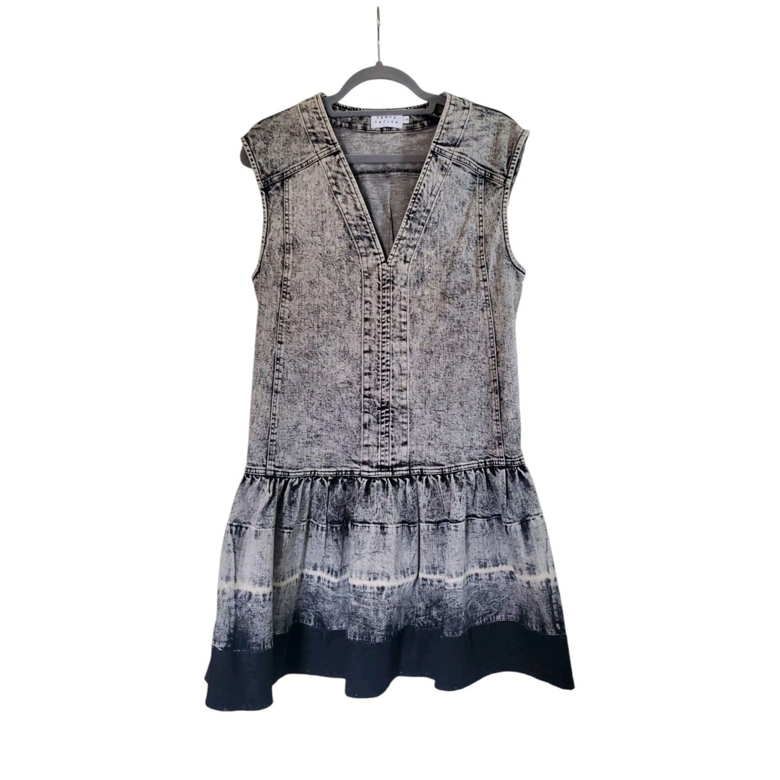 Tanya Taylor Retro Grey Black Faded Denim V Neck Shift Mini Dress, Size 10